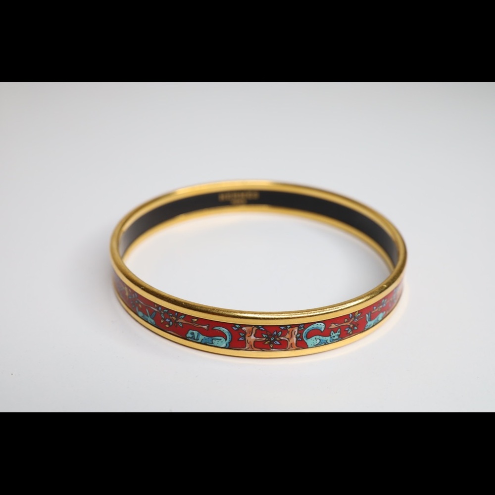 Hermes Enamel Dog Rabbit Bunny Cat Bird Trees Print Gold Bracelet Red Blue Brown